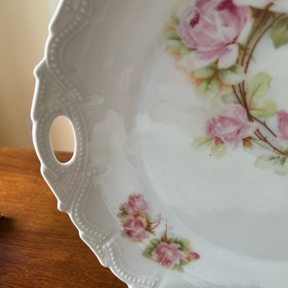 Vintage Porcelain Handled Pink Floral Cake or Serving Plate, garden party, - Picture 7 of 11